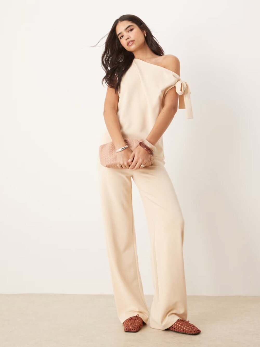 ASOS DESIGN cupro one shoulder tie detail top in buttermilk